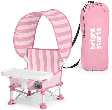 Bright Starts Pop 'N Sit Cabana Baby Beach Portable Booster Chair with UPF Canopy, Floor Seat for Indoor/Outdoor Use, Compact Fold, Pink, 6 Months–3 Years by BrightStarts