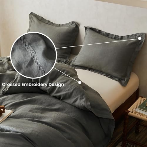 Simple&Opulence 100% Linen Duvet Cover Set with Crossed Embroidery Washed - 3 Pieces (1 Duvet Cover with 2 Pillow Shams) Soft Breathable Farmhouse -Cushing Green, King Size - Image 5