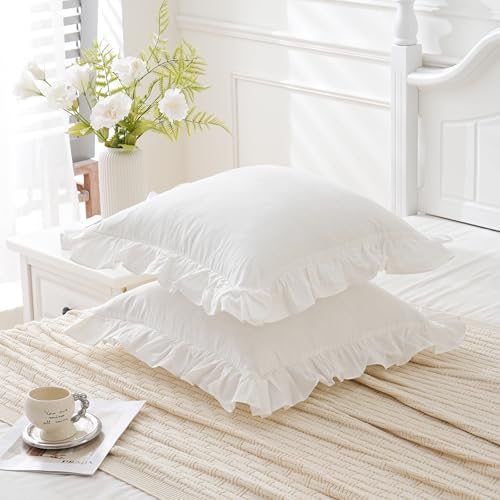 26"x26"Vintage Off White Ruffle Euro Shams Shabby Farmhouse Pillow Cover - Image 4