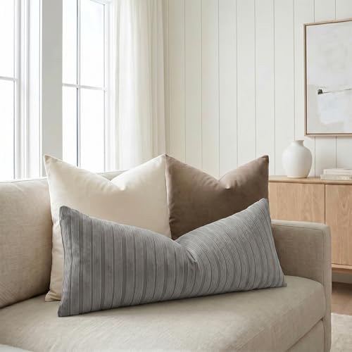 DEZENE 14x36 Grey Lumbar Pillow Covers Soft Striped Corduroy Modern Neutral Rectangular Long Body Pillow Cases for Couch Sofa Bedroom Living Room Home Decor - Image 5