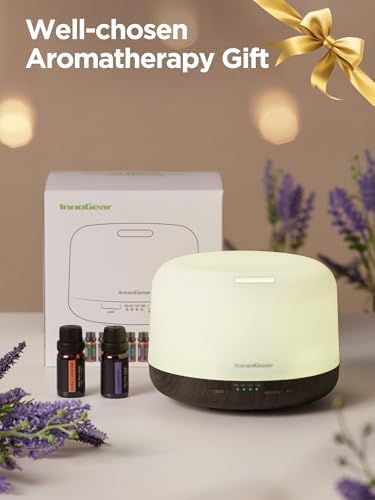 InnoGear 500ml Aromatherapy Diffuser for Home 10 Essential Oil Set, Brown - Image 2