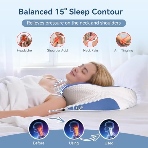 Cervical Neck Pillow for Sleeping, Ergonomic Contour Pillow for Neck and Shoulder Pain with Pillowcase, Cooling Memory Foam Pillows for Side Sleepers, Back Sleepers and Stomach Sleepers, Blue - Image 2