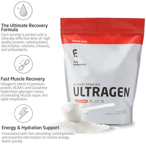 FIRST ENDURANCE Ultragen Workout Recovery Drink Powder, Protein Mix, Boosts Energy, Accelerates Recovery | Tropical Punch, 15 Servings - Image 2