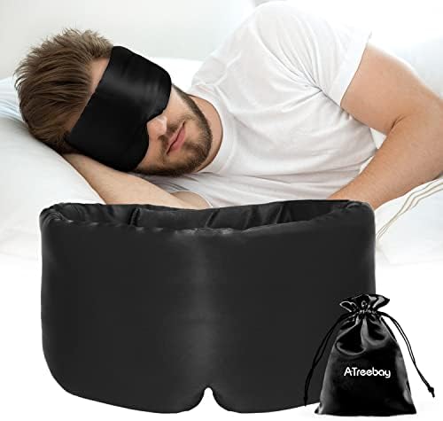 Silk Sleep Mask for Women Men, Mulberry Silk Eye Sleeping Mask & Blindfold with Adjustable Strap, Blackout Eye Cover for Sleep Travel Yoga Nap, Large Size, Black by ATreebag