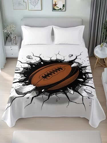 California King Flat Sheet 3D Brown Rugby Flat Sheets Only Soft Breathable Microfiber Bedding Top Sheets Luxury Hotel Quality Football Break Through Wall Cal King Bed Sheet for Bedroom Dorm Decor - Image 3