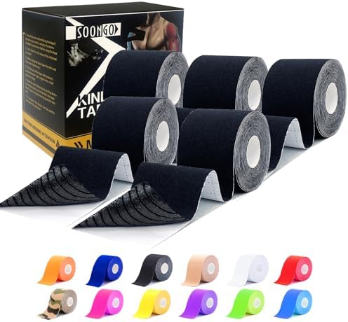 SOON GO Kinesiology Tape Pro 5 Rolls, 2 Inch High Elasticity Sports Tape Therapeutic Pain Relief–Physio Tape for Muscle Recovery & Joint Support, Waterproof & Hypoallergenic & Breathable–Black by SOON+GO
