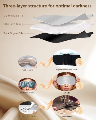Silk Sleep Mask for Women Natural Mulberry - Soft Breathable Organic Natural Silk Fabric Blackout Sleep Mask with Adjustable Straps No Pressure Eye Mask for Travel Essentials Gifts (Light Gray) - Image 5