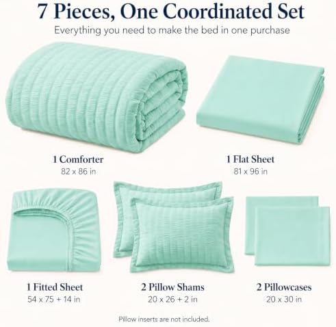 CozyLux Full Size Comforter Set 7 Pieces Mint Green Seersucker Bed in a Bag - Image 2