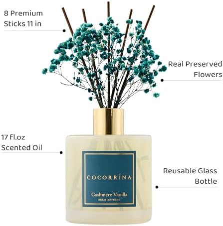 COCORRÍNA Reed Diffuser - Cashmere Vanilla 17 Fl.oz Reed Diffuser with 8 Sticks Scented Diffuser with Preserved Flowers for Bathroom Home Decor - Image 3