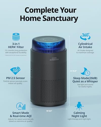 COWAY Air Purifiers for Home up to 810 ft², HEPA and Carbon Filter for Smoke, Allergies, Pet Dander, Odor, AQI Monitor, Auto Mode, Timer, Filter Indicator, Night Light, 2yr Warranty, Airmega 100 Black - Image 2
