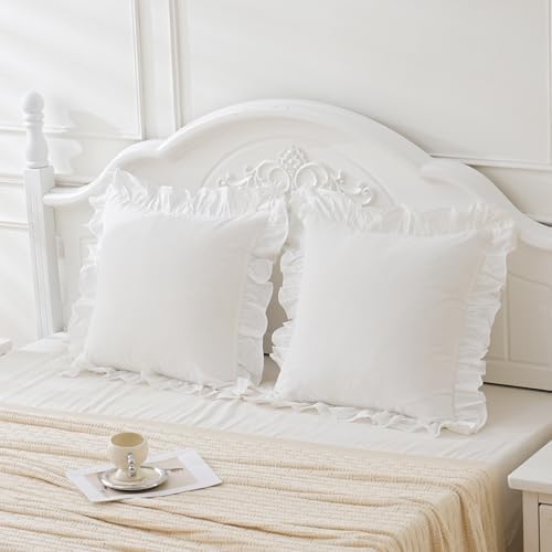 26"x26"Vintage Off White Ruffle Euro Shams Shabby Farmhouse Pillow Cover - Image 3