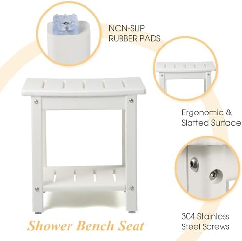 Apolimi Shower Chair, HDPE Shower Bench for Inside Shower to Sit On It, Shower Stool with Storage Shelf 2-Tier Spa Stool for Elderly,Water Resistant & Non-Slip Design Shower Seat Bench(White S Size) - Image 5