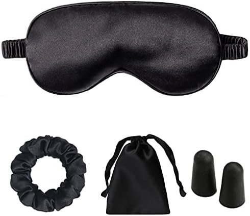 Black Sleep Eye Mask, Blackout Silk Satin Travel Blindfold Set Women by LCBD