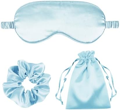 3Pcs Satin Eye Mask Silk Sleep Masks Set Silky Blindfold Eyeshade Blackout Eyes Cover Pouches Bag Scrunchy Wedding Gift by WJingYiJia