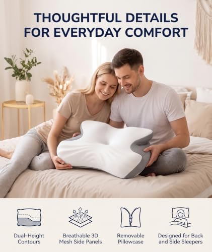 Low Profile Cervical Pillow for Neck Pain Relief, Orthopedic Memory Foam Pillow with Dual Height 4.3" & 5.1" Loft, Cooling Butterfly Contour with Arm Rest for Side and Back Sleepers - Image 6