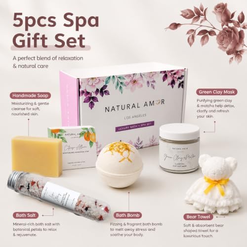 Natural Amor Handmade Spa Gifts for Women, Relaxing 5pcs Spa Gift Set for Women Including Citrus Handmade Soap Bar, Soy Candle, Bath Salt, Bath Bomb - Image 2