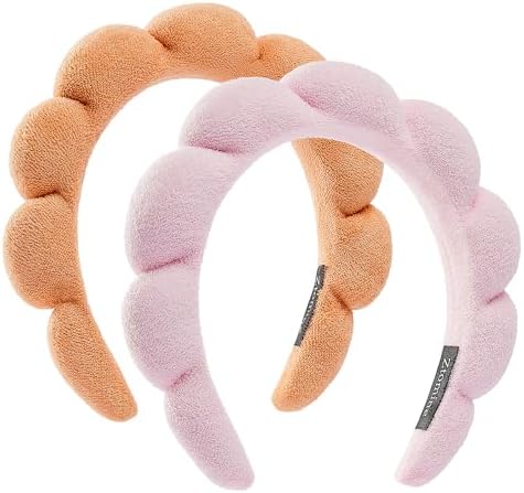 Ztomine Spa Headbands, Set of 2 - Terry Cloth Face Wash Headbands for Women - Puffy Makeup Headbands for Facial, Mask (Pink, Orange) by Ztomine