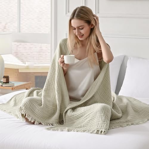 Esterra Muslin Throw Blanket 50x65 Inches Cozy Soft Lightweight Pre-Washed Cotton Blanket, All Season Breathable 4-Layer Gauze Blanket Throw for Sofa Couch Bed, Oatmeal - Image 4