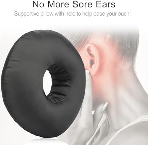 Silky Satin Piercing Pillow Ear Pillows Donut with Hole for Ear Pain CNH Piercing Pain Relief Sleeping Pressure Sore Side Sleepers Smooth Cooling Ear Guard Protector, Black - Image 2
