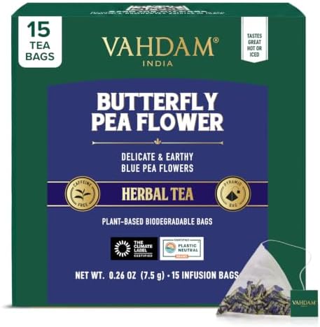 VAHDAM, Butterfly Pea Flower (15 Pyramid Bags) Vegan, Non-GMO | Delicate & Earthy | Direct From Source – Plant-Based Biodegradable | Brew Iced Tea, Cooking, Mocktails & Cocktails by Unknown