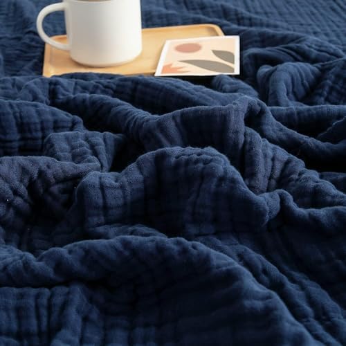 EMME Cotton Muslin Blanket King Size - Soft, Breathable Layering Blanket, 108"x90", All Season Gauze, Navy by EMME