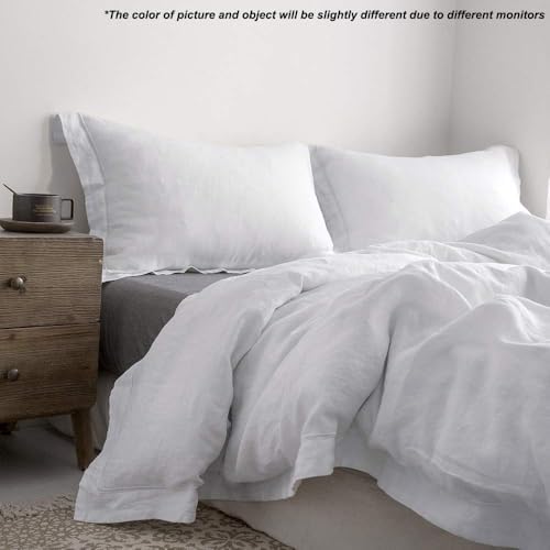 Simple&Opulence 100% Linen Duvet Cover Set with Embroidery Border Washed - 3 Pieces (1 Duvet Cover with 2 Pillow Shams) with Button Closure Soft Breathable Farmhouse - White, Full Size - Image 6
