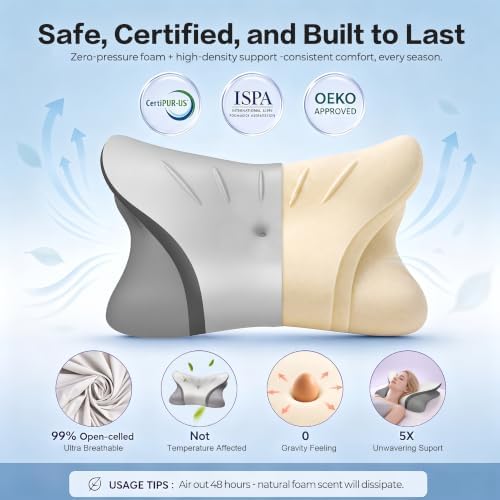 Pain Relief Cervical Neck Pillow, Ergonomic Contour | Q-Max Cooling | Non-Temperature Memory Foam | Side/Back/Stomach Sleeper Support for Sleeping, Reading, Scrolling (Light Grey & Dark Grey) - Image 6