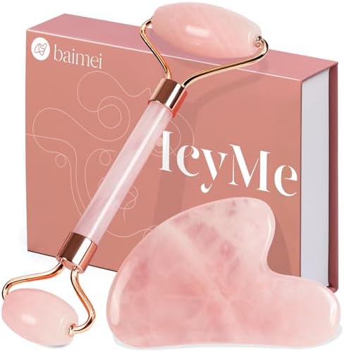 BAIMEI IcyMe Rose Quartz Roller & Gua Sha Facial Tool Set for Depuffing by BAIMEI