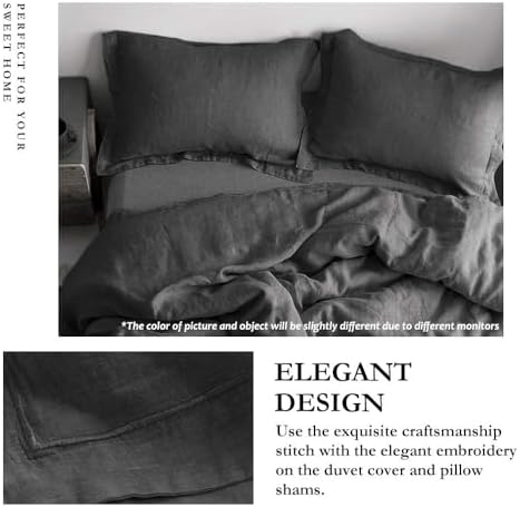 Simple&Opulence 100% Linen Duvet Cover Set with Embroidery Border Washed - 2 Pieces (1 Duvet Cover & 1 Pillow Sham) with Button Closure Soft Breathable Farmhouse - Dark Grey, Twin Size - Image 2