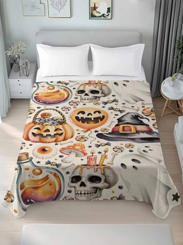 Halloween Queen Flat Sheet Candy Pumpkin Flat Sheets Only Soft Bedding Top Sheets Luxury Hotel Quality Witch Hat Eyeball Skull Ghost Linen Queen Bed Sheet for All Season Bedroom Dorm Halloween Decor - Image 4