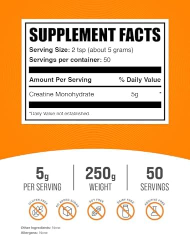 BulkSupplements.com Creatine Monohydrate Powder - Micronized Creatine Powder, Unflavored - Pure & Gluten Free, 5g (5000mg) per Servings, 250g (8.8 oz) (Pack of 1) - Image 2