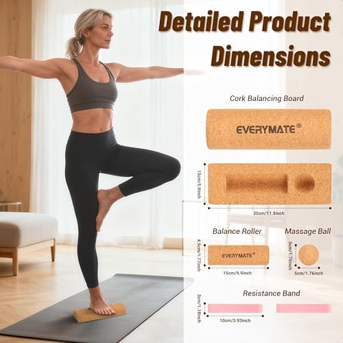 EVERYMATE Cork Balance Board Kit, Foot & Ankle Strengthener with Massage Roller/Ball,Balance Board Half & Half-Moon Ball, for Enhance Mobility & Prevent Falls Improve Foot Function for Home/Office/Gym - Image 2