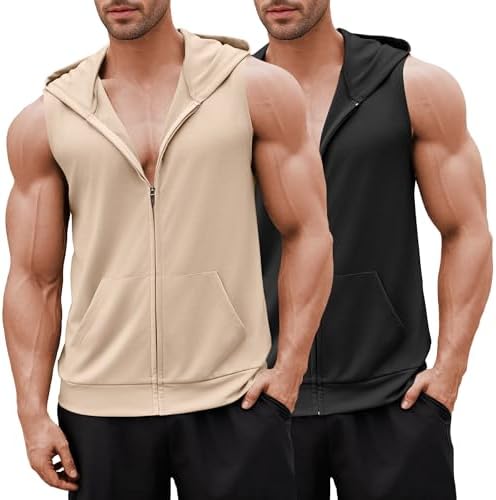 COOFANDY Men's Workout Hooded Tank Tops 2 Pack Zip Up Sleeveless Gym Shirts Muscle Cut Off T Shirt Bodybuilding Hoodies by COOFANDY