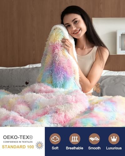 Pawque Faux Fur Sherpa Fleece Throw Blankets 50x60 Inches, Rainbow - Image 3