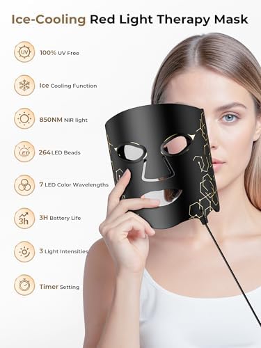 Red Light Therapy Mask with Cooling Gel Pack, 7-Color NIR 850nm LED Face Mask, LED Light Therapy Mask (E106A) with Rechargeable Remote - 180 Mins Use, Red Light Mask Home Travel Gift, Black - Image 3