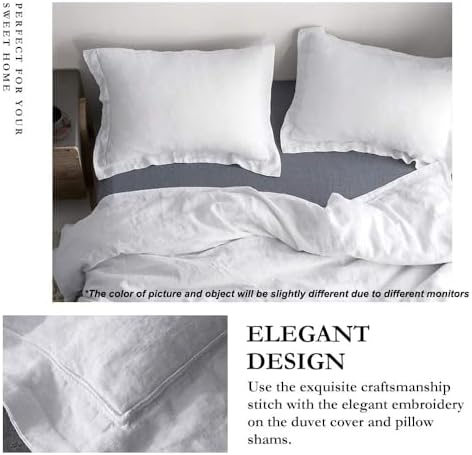 Simple&Opulence 100% Linen Duvet Cover Set with Embroidery Border Washed - 3 Pieces (1 Duvet Cover with 2 Pillow Shams) with Button Closure Soft Breathable Farmhouse - White, Full Size - Image 2