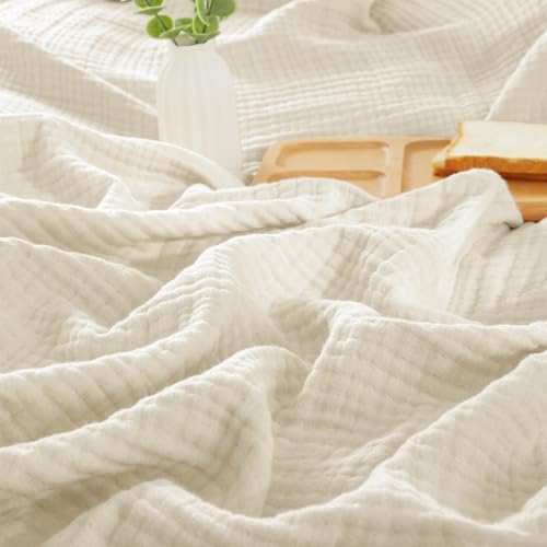 PHF 100% Cotton Muslin Throw Blanket 50" x 60", 4-Layer Lightweight Gauze Throw, Breathable Cloud-Soft Minimalist Blanket for Bed, Couch, Camping, Birch, Ideal Gift by PHF