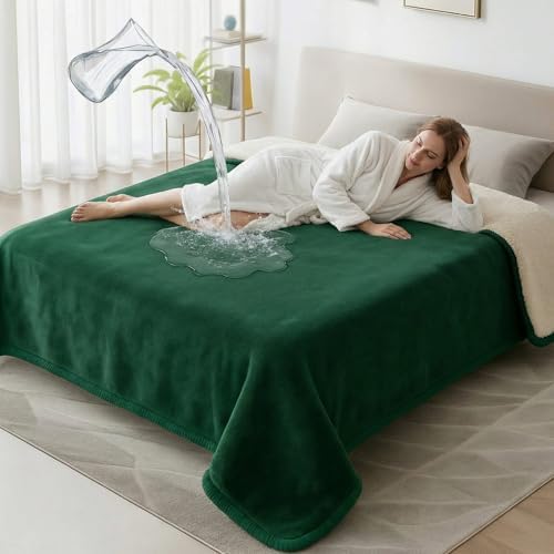 Tisancy Waterproof Gray Blanket for Dog Cat Puppy, 80'' x 80'' Double Side Leakproof Reversible Double Side Sherpa Flannel Fleece 3 Layer Lightweight Blanket, Absorb 70oz(GreenWhite), Machine Washable by Tisancy