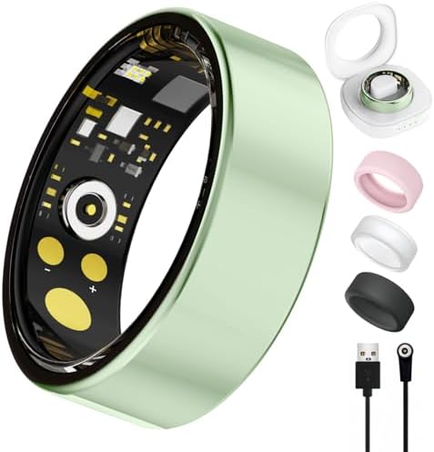 Smart Ring for Women Men, Health Tracker with Heart Rate/Blood Oxygen/Blood Pressure/Sleep Monitoring/Step Counting, IP68 Waterproof Fitness Ring, No App Fees for iPhone & Android (Green, 8#) by Oucscru-SmartHealthDevices
