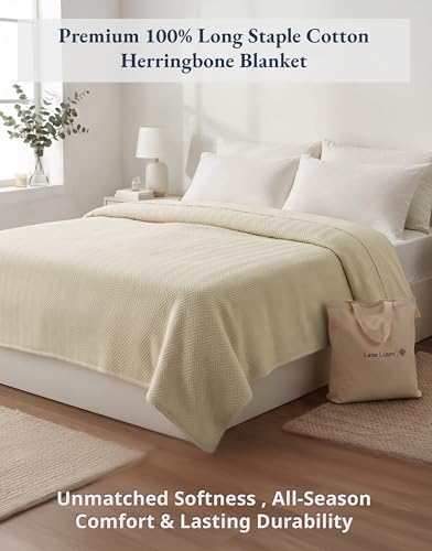 LANE LINEN 100% Cotton Blanket Twin, Textured Herringbone Weave - Image 2