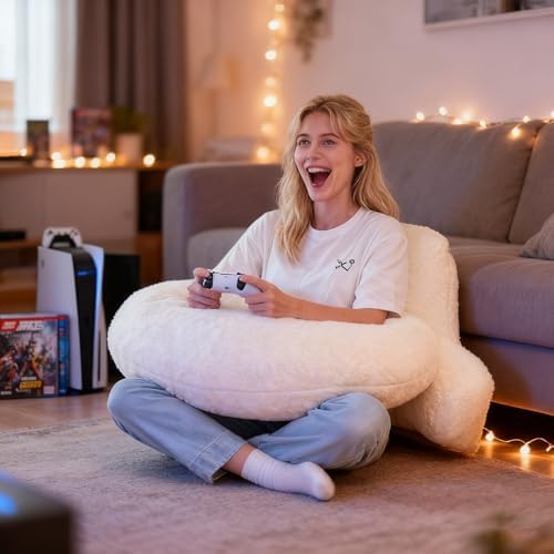 19" Reading Pillow for Bed,U Shaped Arm & Elbow Support,White Faux Fur - Image 2