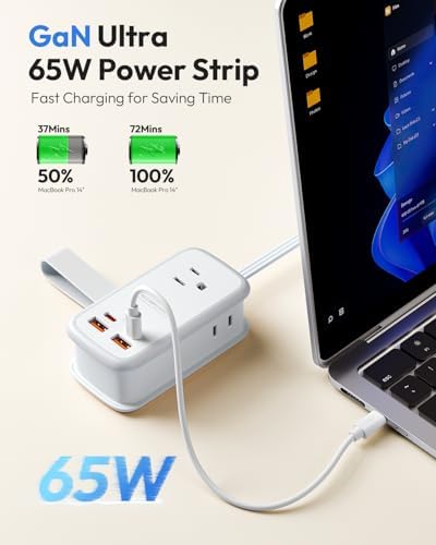 NTONPOWER GAN Ultra 65W USB Charging Station, 7 in 1 Travel Power Strip with 3 Outlets 4 USB (2 USB C), Extension Cord 4ft, Travel Essentials, Cruise Power Strip Compatible with MacBook, iPhone, White - Image 2