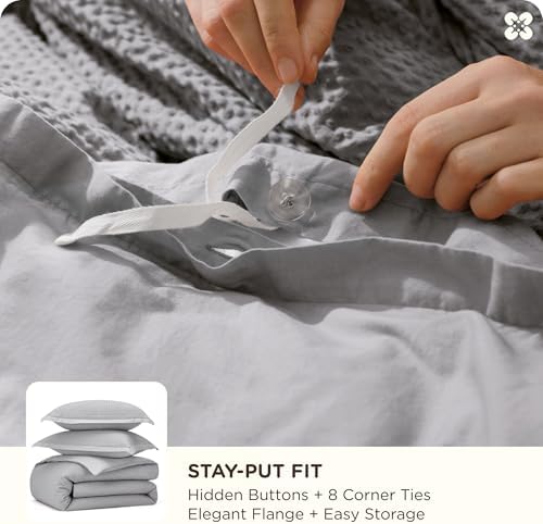 Bedsure PureWoven 3 Pieces 100% Cotton Waffle Duvet Cover Set, King, Grey - Image 5
