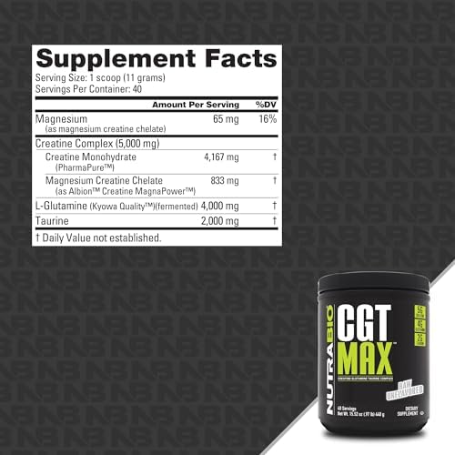NutraBio CGT-MAX Powder- Creatine, Glutamine and Taurine to Support Muscle Recovery and Strength - 40 Servings - Unflavored - Image 2