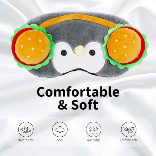 PERFECTSIGHT Sleep Eye Masks, Cute Penguin Plush Sleep Eye Cover Lightweight Adjustable Eyeshade Faux Fur Mask Cover for Women Men Sleep Travel Nap, Burger Headphone - Image 2