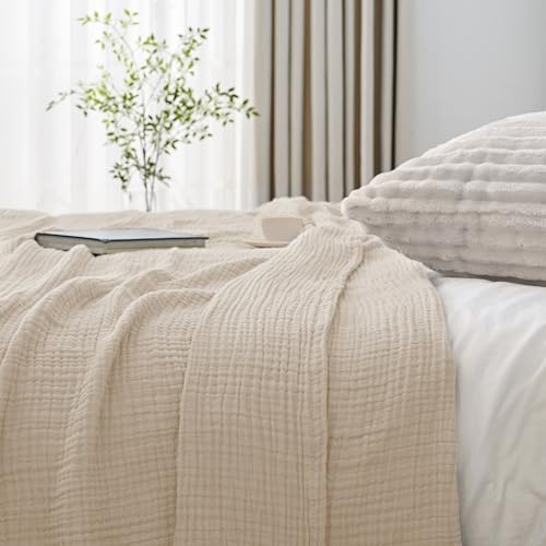 Esterra Muslin Blanket Twin Size Cozy Soft Lightweight Pre-Washed Cotton Blanket, All Season Breathable 4-Layer Gauze Blanket Throw for Couch Bed, Neutral, 66x90 Inches - Image 4