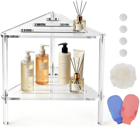 Acrylic Corner Shower Stool for Shaving Legs - Clear Triangle Shower Stool with 2-Tier Storage Shelf - Modern Bathroom Step Stool - Includes 1 Bath Sponge & 2 Shower Loofahs for Exfoliation by LDVROH