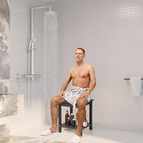 Apolimi Shower Chair,HDPE Shower Bench for Inside Shower to Sit On It, Shower Stool with Storage Shelf 2-Tier Spa Stool for Elderly,Water Resistant & Non-Slip Design Shower Seat Bench (Black S Size) - Image 2