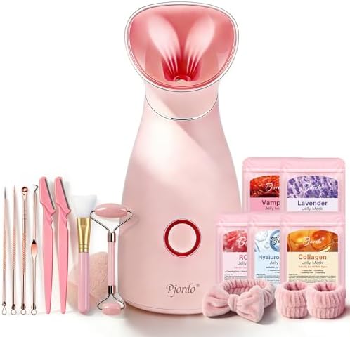 Pjordo Facial Steamer Spa Kit, 12 Skin Care Tools & 5 Jelly Mask Powder, Nano Ionic Steamer for Facial Deep Cleaning Unclog Pores Sinuses, Warm Mist Humidifier for Home SPA, Self Care Gifts for Women by Pjordo