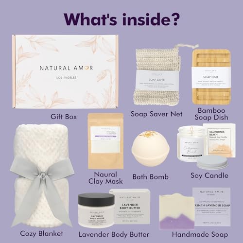 Natural Amor 8-Piece Spa Gift Set with Blanket – Self-Care Box with Lavender Body Butter, Soap, Candle – Blanket with Grey Ribbon Gift for Women, Birthday, Holiday - Image 2
